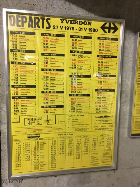 Affiche de départs des trains d'Yverdon. Horaire 1979 - 1980